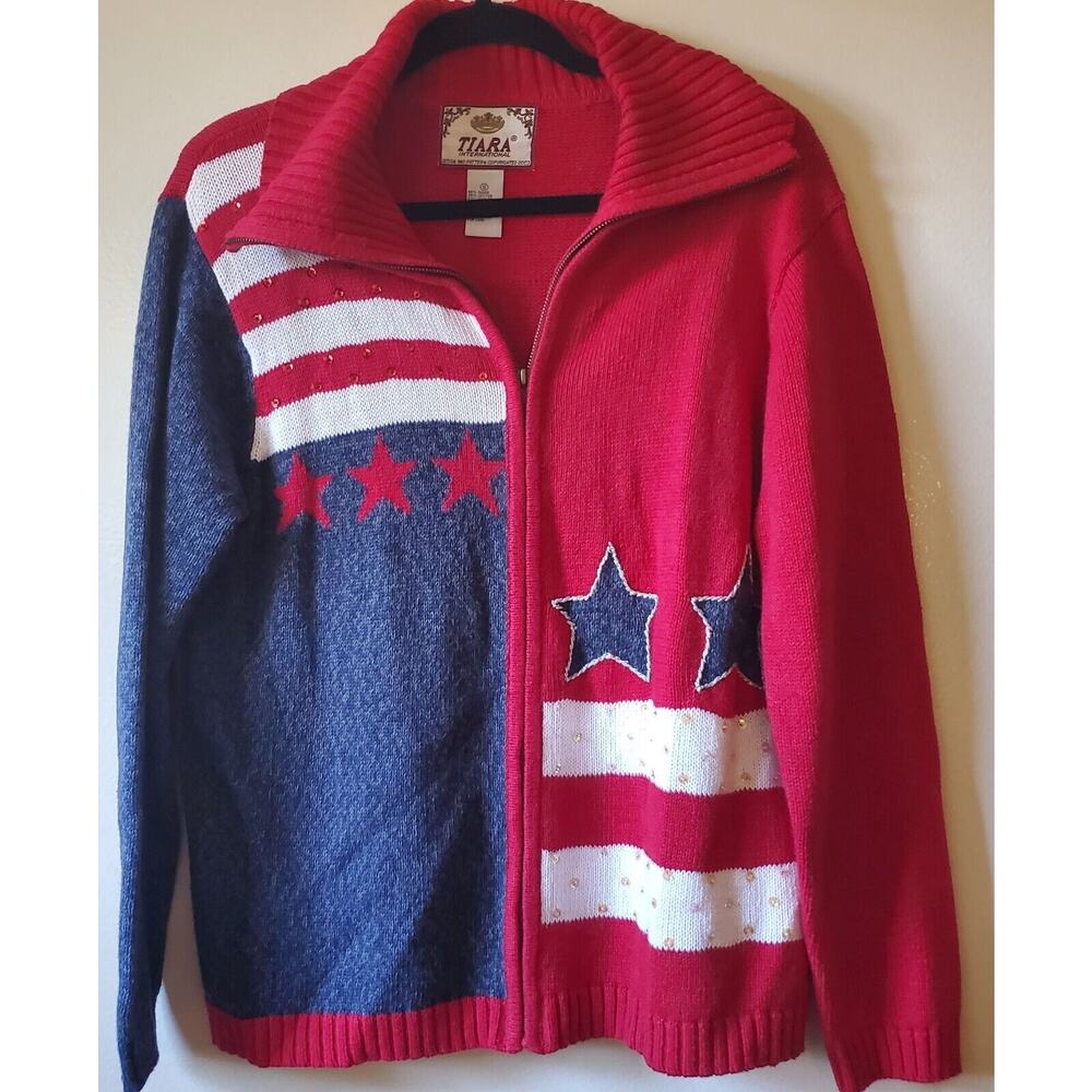 Tiara Womens Vtg Patriotic Sweater Size S Stars & Stripes Full Zip Flag USA